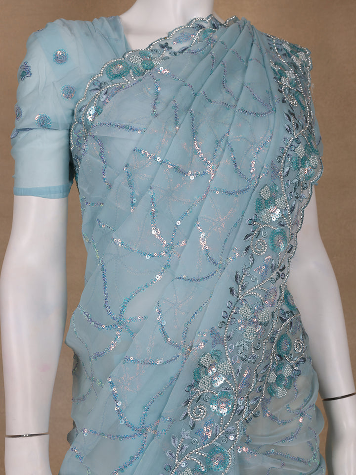 Ice Blue Floral Designed Organza Designer Saree - Diadem