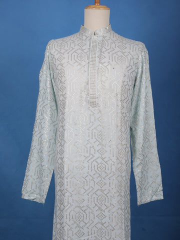Icy Blue Geometric Sequin Designed Cotton Kurta - Diadem