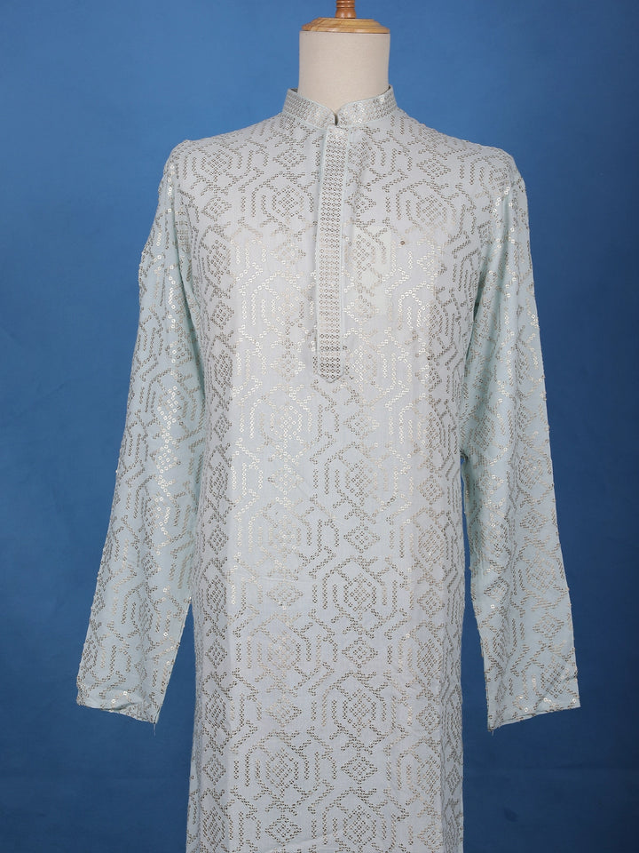 Icy Blue Geometric Sequin Designed Cotton Kurta - Diadem