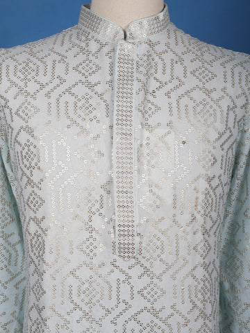 Icy Blue Geometric Sequin Designed Cotton Kurta - Diadem