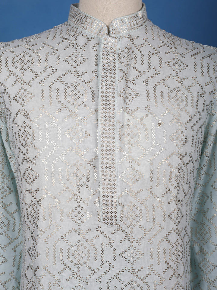 Icy Blue Geometric Sequin Designed Cotton Kurta - Diadem