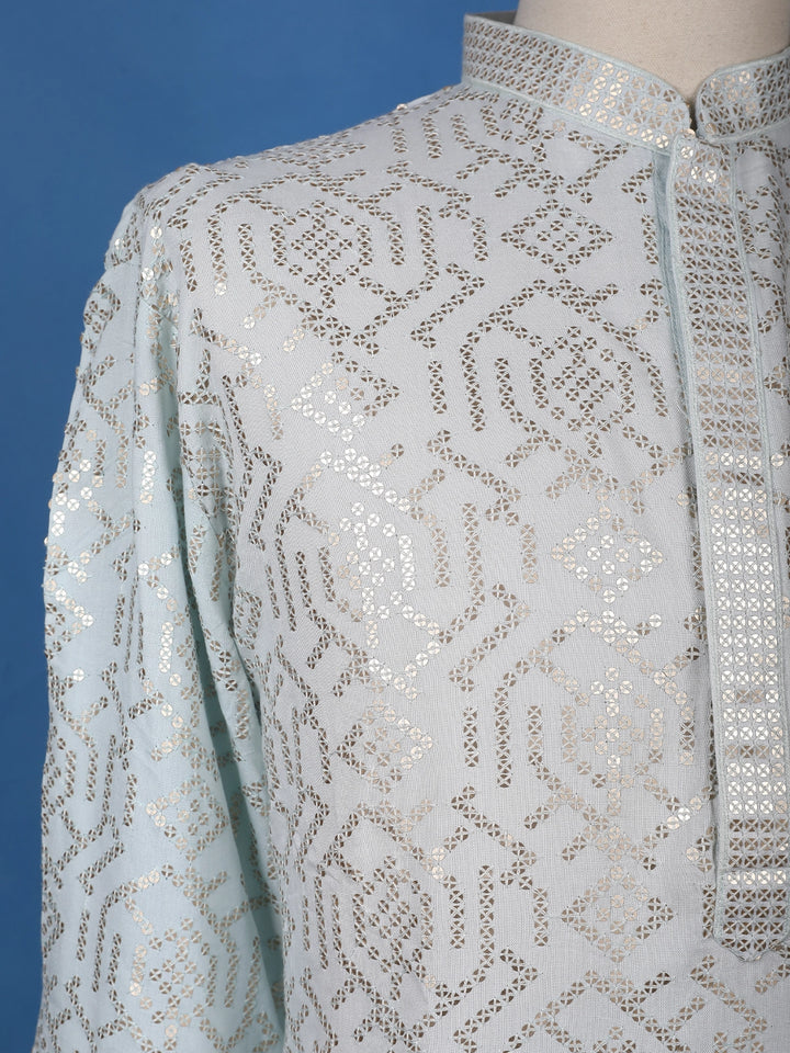 Icy Blue Geometric Sequin Designed Cotton Kurta - Diadem