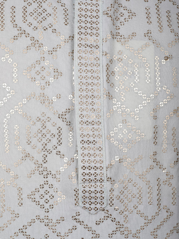 Icy Blue Geometric Sequin Designed Cotton Kurta - Diadem