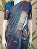 Indigo Blue Checked and Paisley Zari Woven Design Pure Kanchipuram Silk Saree with Zari Border