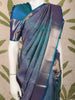 Indigo Blue Checked and Paisley Zari Woven Design Pure Kanchipuram Silk Saree with Zari Border