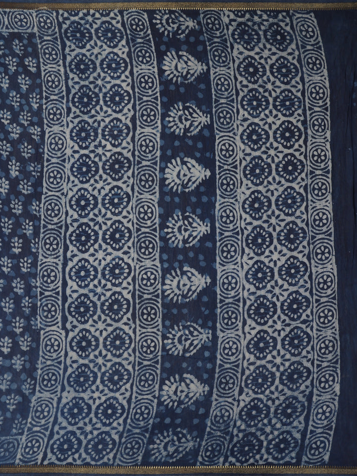 Indigo Blue Floral Printed Cotton Saree - Diadem