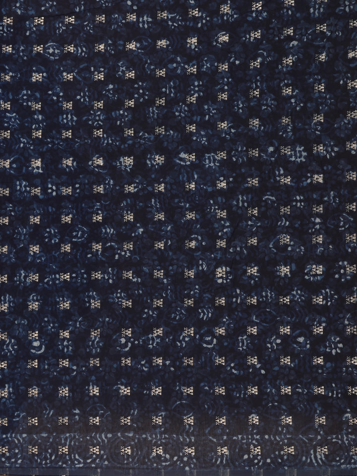 Indigo Blue Floral Printed Cotton Saree - Diadem