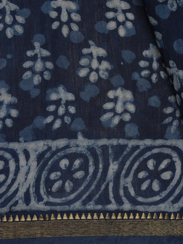 Indigo Blue Floral Printed Cotton Saree - Diadem