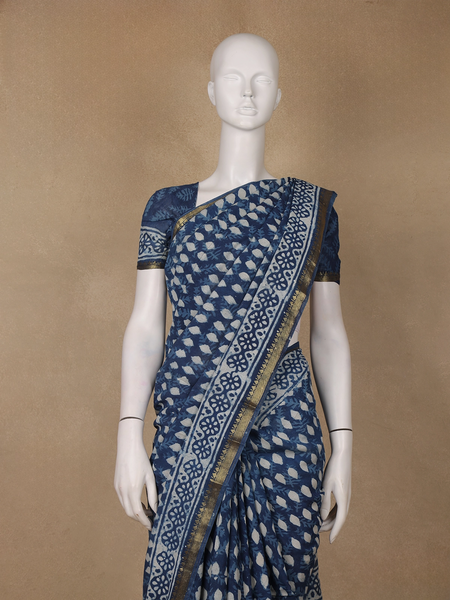 Indigo Blue Leaf Printed Cotton Saree - Diadem
