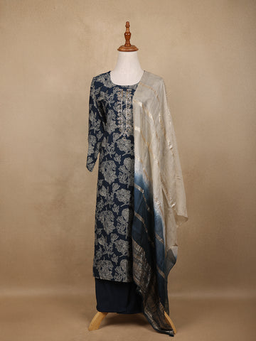 Indigo Blue Sequin Design Floral Printed Cotton Salwar Suit - Diadem
