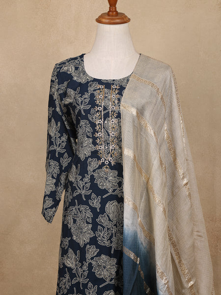 Indigo Blue Sequin Design Floral Printed Cotton Salwar Suit - Diadem