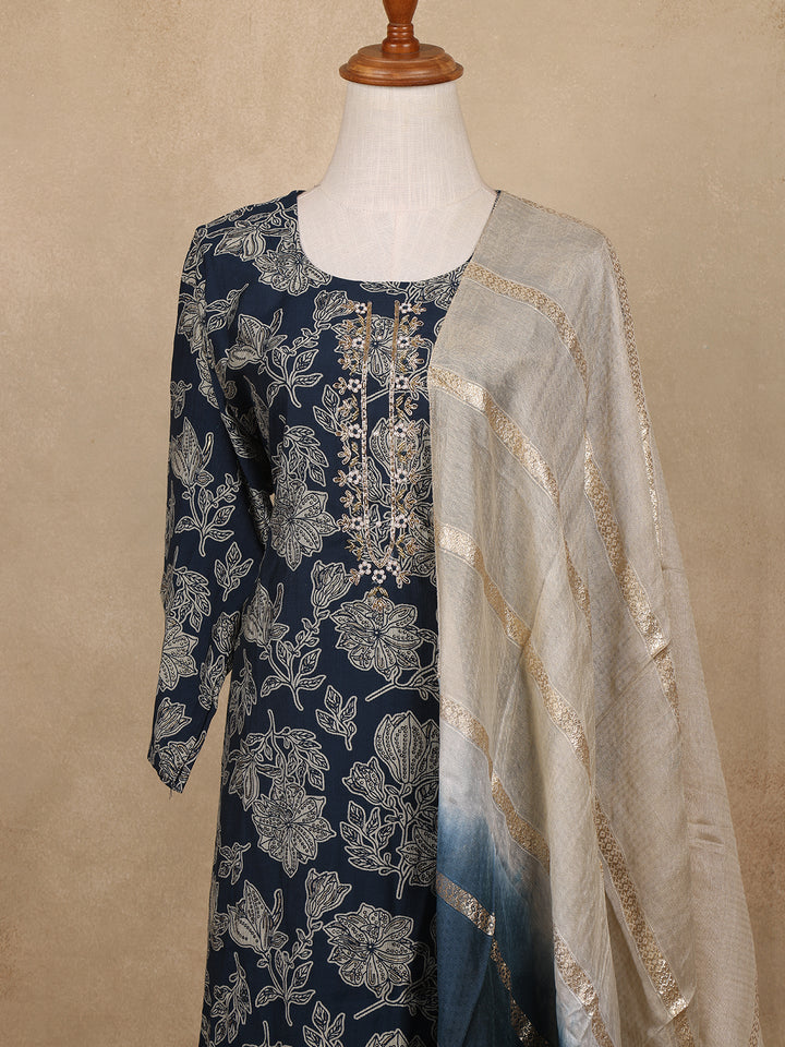 Indigo Blue Sequin Design Floral Printed Cotton Salwar Suit - Diadem