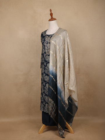 Indigo Blue Sequin Design Floral Printed Cotton Salwar Suit - Diadem