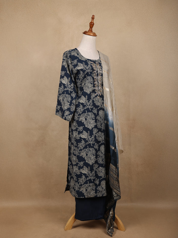 Indigo Blue Sequin Design Floral Printed Cotton Salwar Suit - Diadem