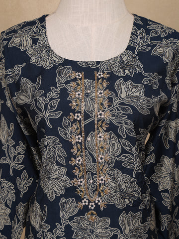 Indigo Blue Sequin Design Floral Printed Cotton Salwar Suit - Diadem