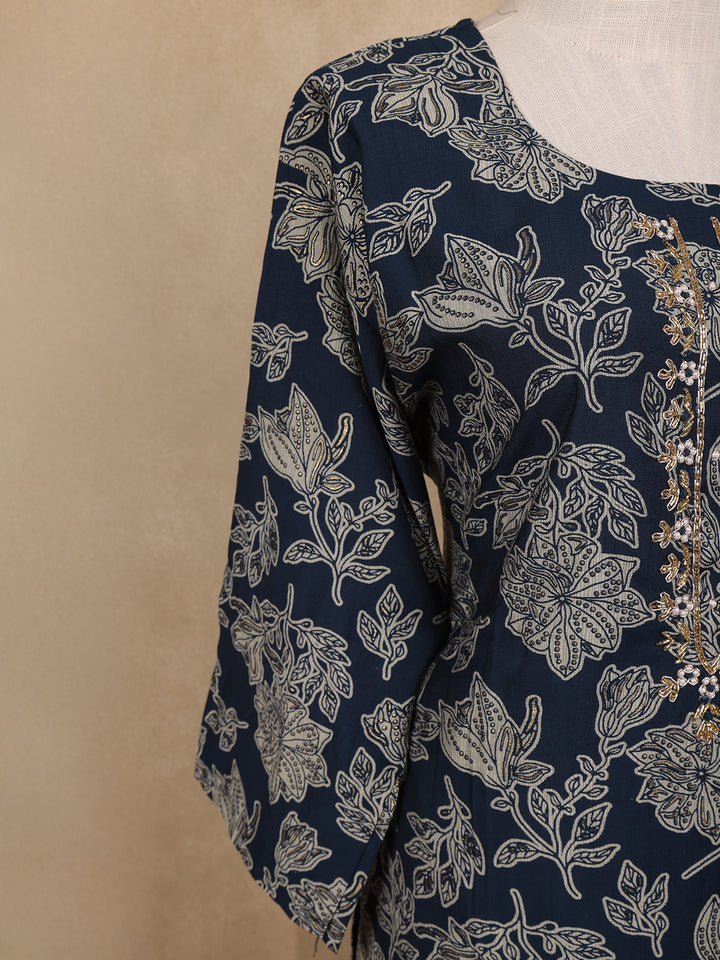 Indigo Blue Sequin Design Floral Printed Cotton Salwar Suit - Diadem