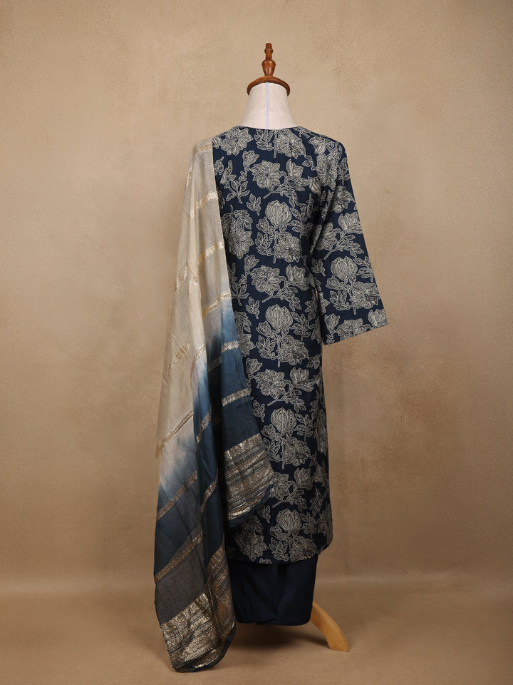 Indigo Blue Sequin Design Floral Printed Cotton Salwar Suit - Diadem