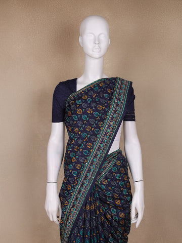Indigo Floral Designed Chanderi Cotton Saree - Diadem