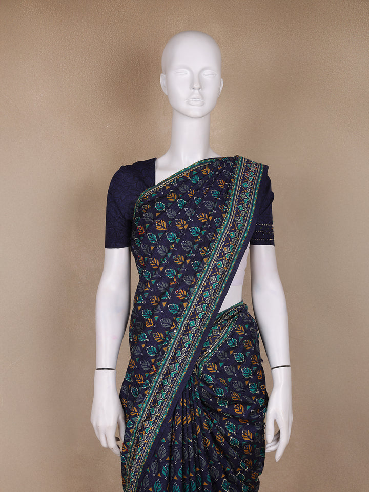 Indigo Floral Designed Chanderi Cotton Saree - Diadem
