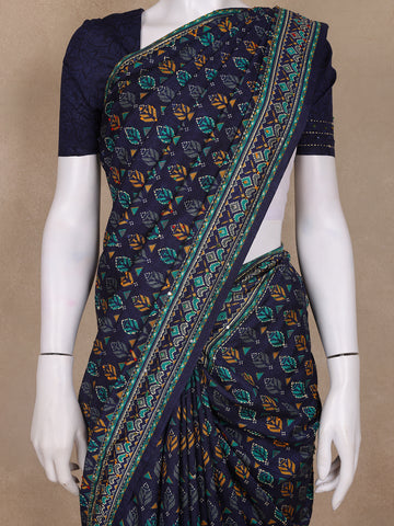 Indigo Floral Designed Chanderi Cotton Saree - Diadem