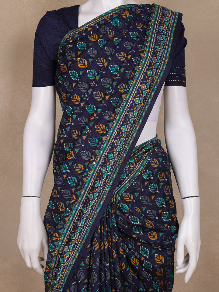Indigo Floral Designed Chanderi Cotton Saree - Diadem
