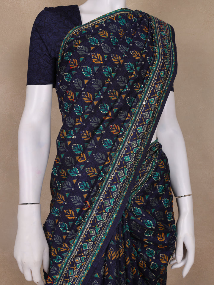 Indigo Floral Designed Chanderi Cotton Saree - Diadem