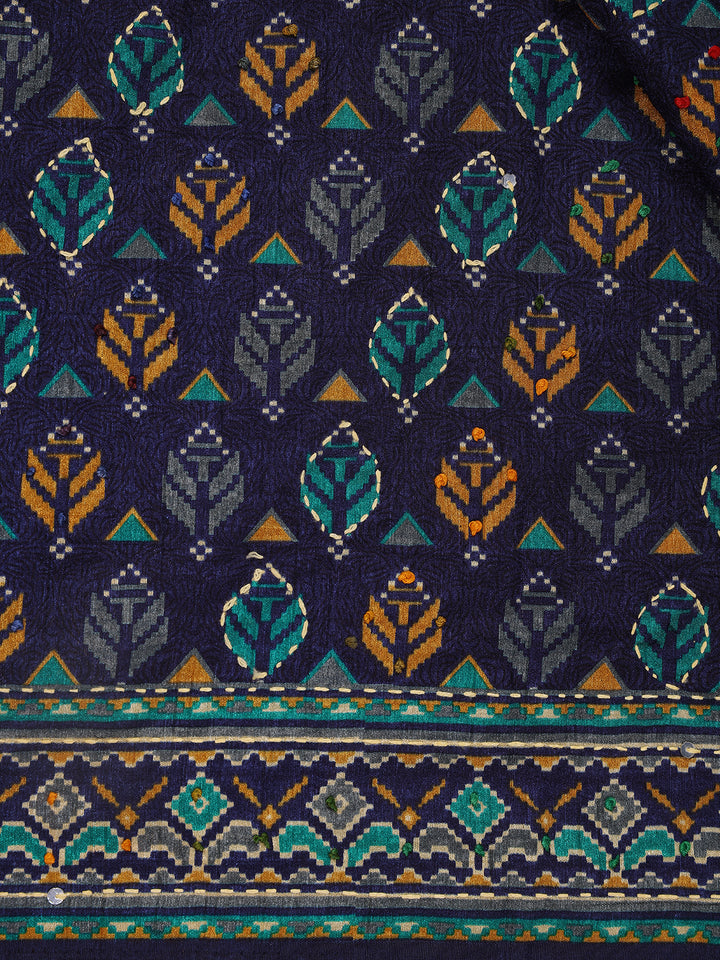Indigo Floral Designed Chanderi Cotton Saree - Diadem