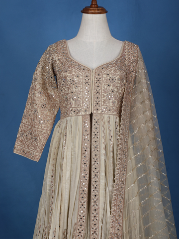 Ivory-Gold Embroidered Georgette Lehenga with Mirror & Zari Work - Diadem