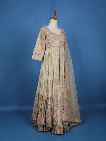 Ivory-Gold Embroidered Georgette Lehenga with Mirror & Zari Work - Diadem