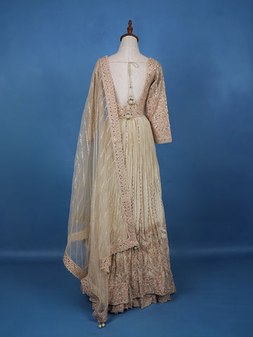 Ivory-Gold Embroidered Georgette Lehenga with Mirror & Zari Work - Diadem