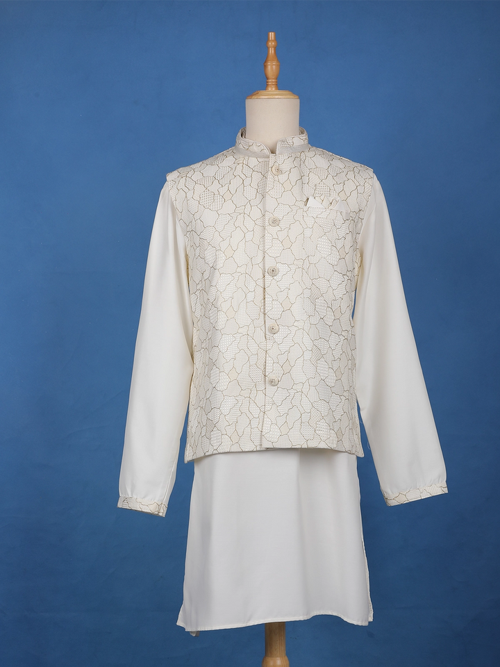 Ivory Abstract Design Brocade Nehru Jacket with Kurta Set - Diadem
