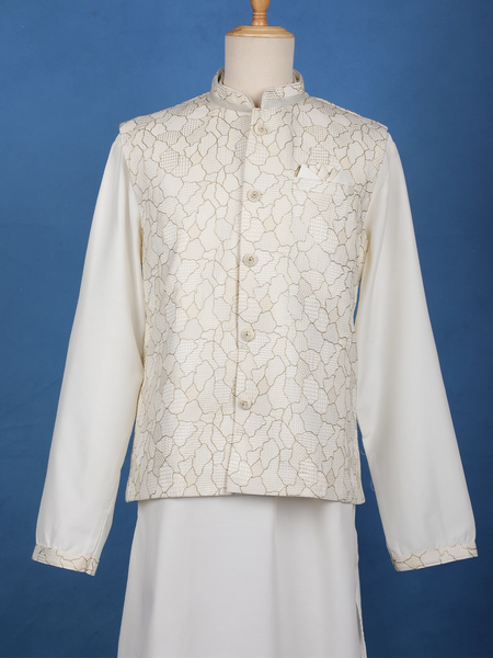 Ivory Abstract Design Brocade Nehru Jacket with Kurta Set - Diadem