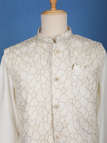 Ivory Abstract Design Brocade Nehru Jacket with Kurta Set - Diadem