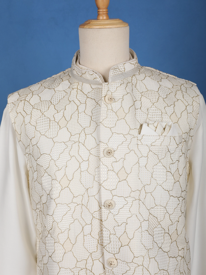 Ivory Abstract Design Brocade Nehru Jacket with Kurta Set - Diadem