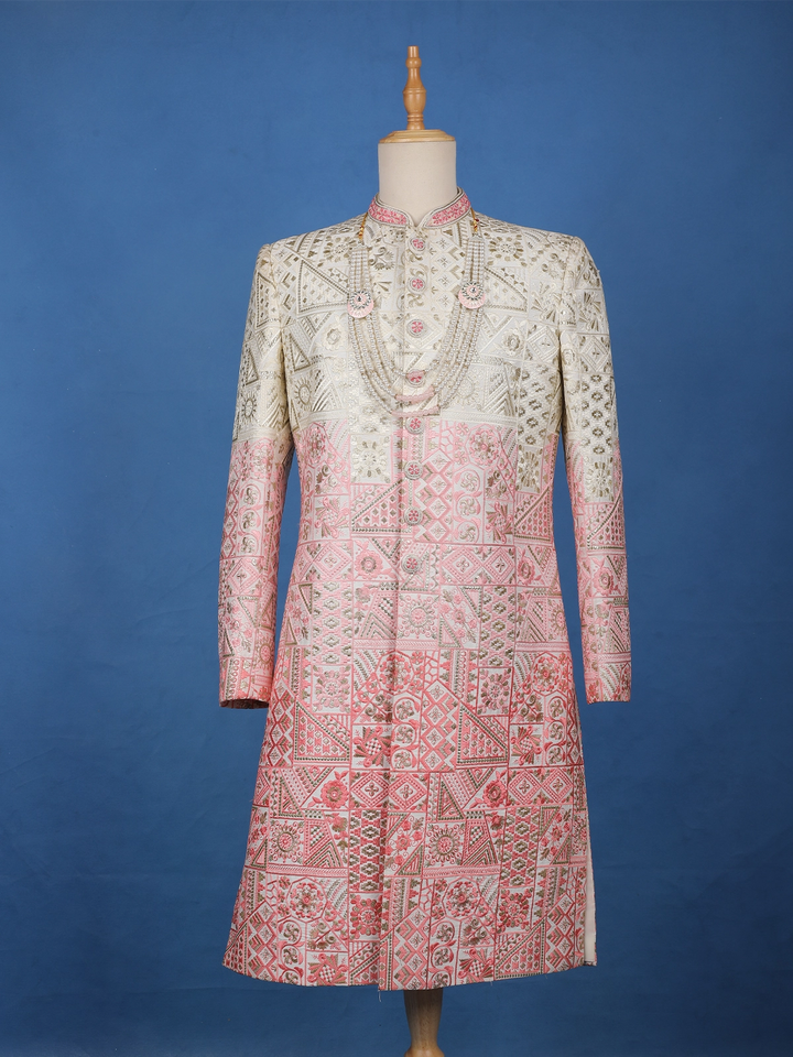 Ivory And Pink Geometric Floral Embroidered Cotton Sherwani - Diadem