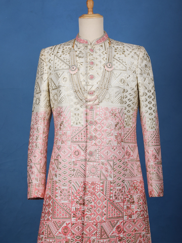Ivory And Pink Geometric Floral Embroidered Cotton Sherwani - Diadem