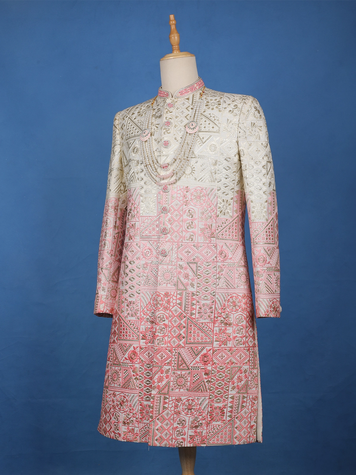 Ivory And Pink Geometric Floral Embroidered Cotton Sherwani - Diadem