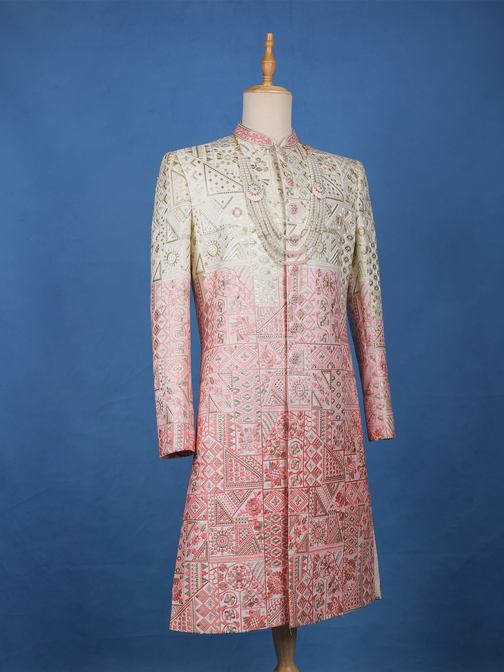 Ivory And Pink Geometric Floral Embroidered Cotton Sherwani - Diadem