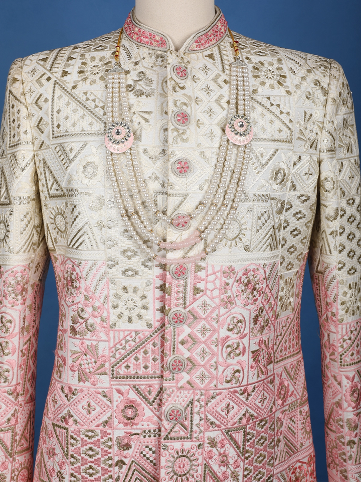 Ivory And Pink Geometric Floral Embroidered Cotton Sherwani - Diadem
