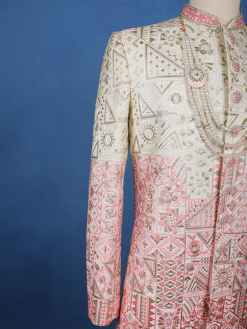 Ivory And Pink Geometric Floral Embroidered Cotton Sherwani - Diadem