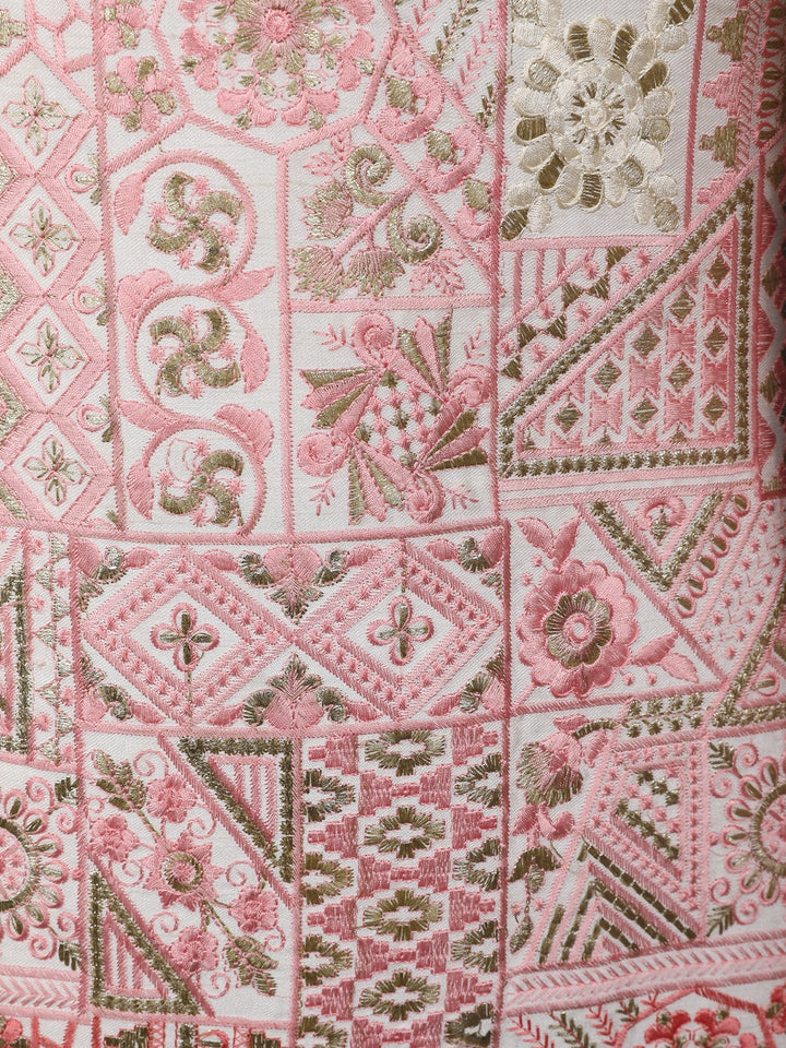 Ivory And Pink Geometric Floral Embroidered Cotton Sherwani - Diadem