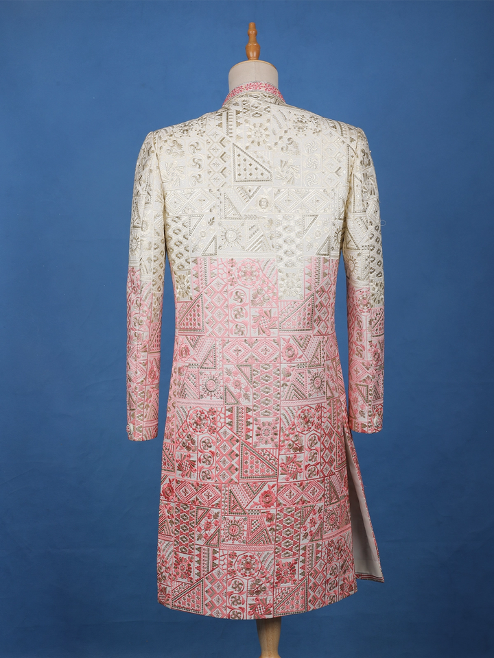Ivory And Pink Geometric Floral Embroidered Cotton Sherwani - Diadem