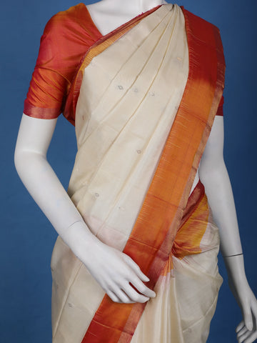 Ivory Cream Diamond motifs Zari Woven Soft Silk Saree - Diadem