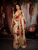 Ivory Cream Floral Printed Design Chiffon Party Wear Saree with Scalloped Border