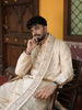 Ivory Cream Floral Sequins and Zari Embroidered Design Satin Men's Kurta with Matching Pant and Dupatta Set