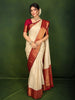 Ivory Cream Floral Vine Zari Woven Design Pure Kanchipuram Silk Bridal Wear Saree with Contrast Zari Border
