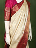Ivory Cream Floral Vine Zari Woven Design Pure Kanchipuram Silk Bridal Wear Saree with Contrast Zari Border