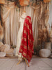Ivory Cream Floral Zari Woven Design Silk Anarkali Salwar Suit with Contrast Ruby Red Dupatta