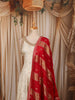 Ivory Cream Floral Zari Woven Design Silk Anarkali Salwar Suit with Contrast Ruby Red Dupatta