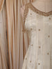 Ivory Cream Floral Zari Woven Design Silk Anarkali Salwar Suit with Contrast Ruby Red Dupatta